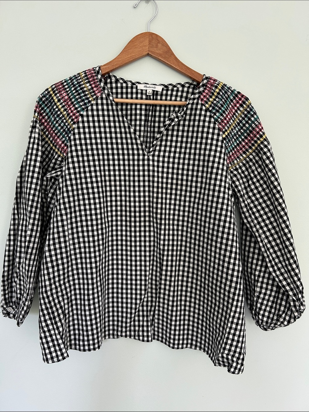 Madewell Black & White Gingham Blouse with Multicolor Embroidered Shoulders